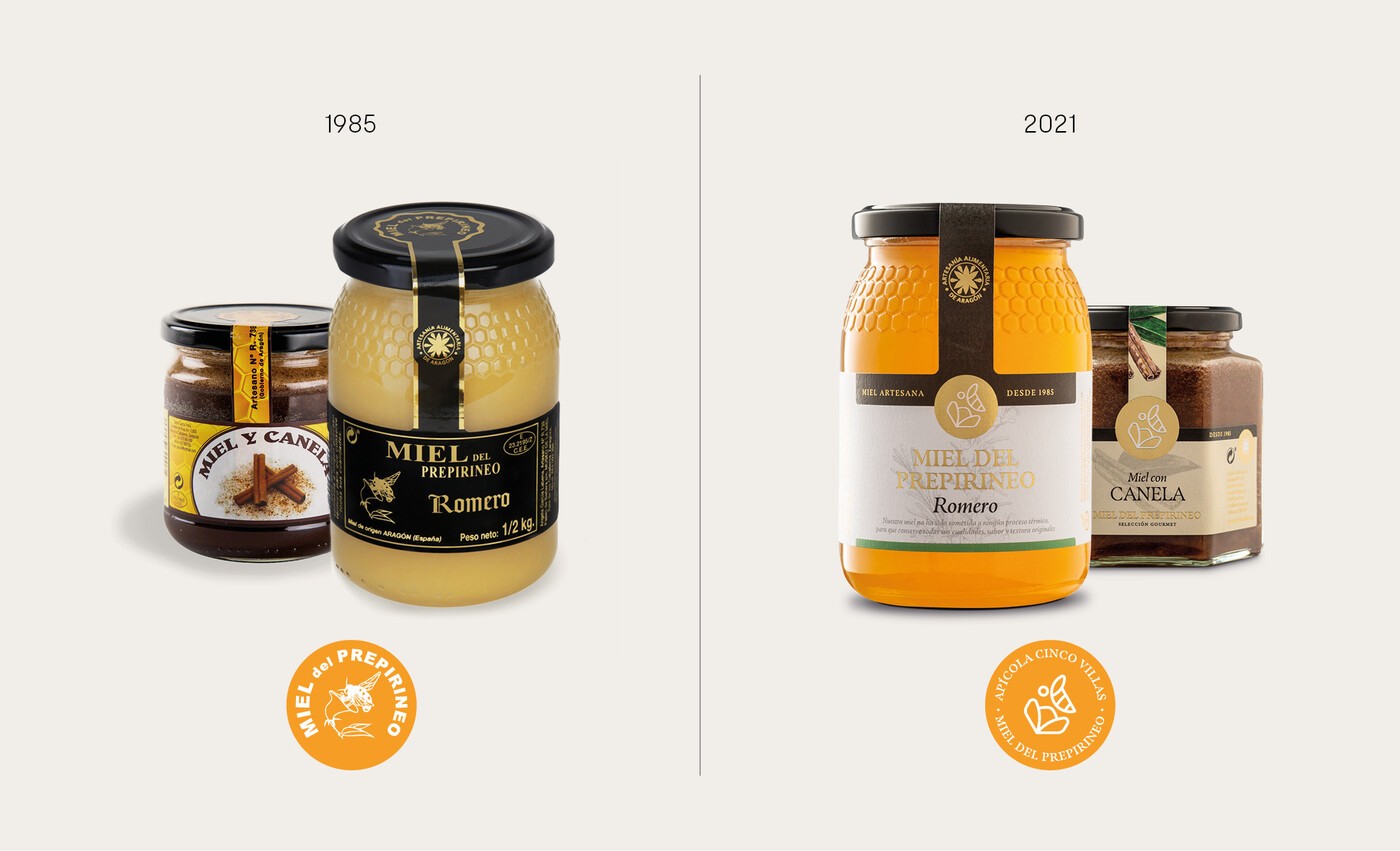 Antes y después del diseño de packaging de Apícola Cinco Villas, la miel del Prepirineo