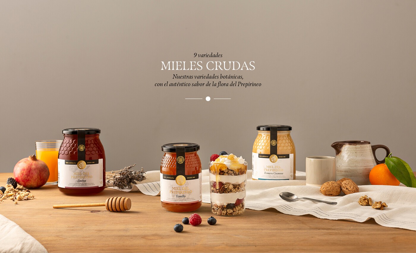 Packaging de la gama de mieles crudas del para la miel del Prepirineo de Apícola Cinco Villas